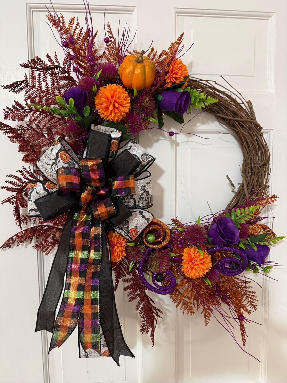 Hand CraftedFestive Halloween Grapevine Wreath with Orange Pumpkin & Purple Flow
